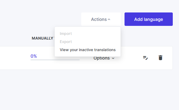ConveyThis Actions menu showing the Import option