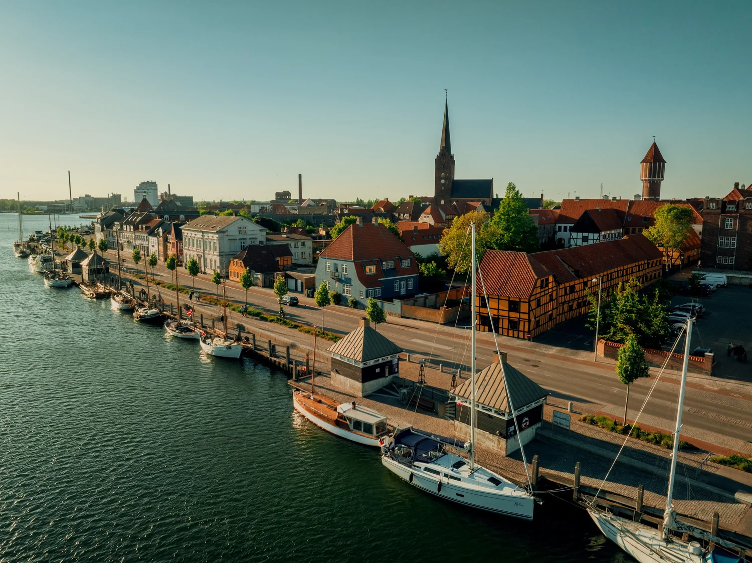 Aerial view of Nakskov harbour and the surrounding fjord