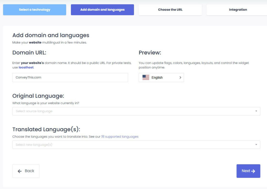 Wordpress Conveythis plugin settings: Add domain