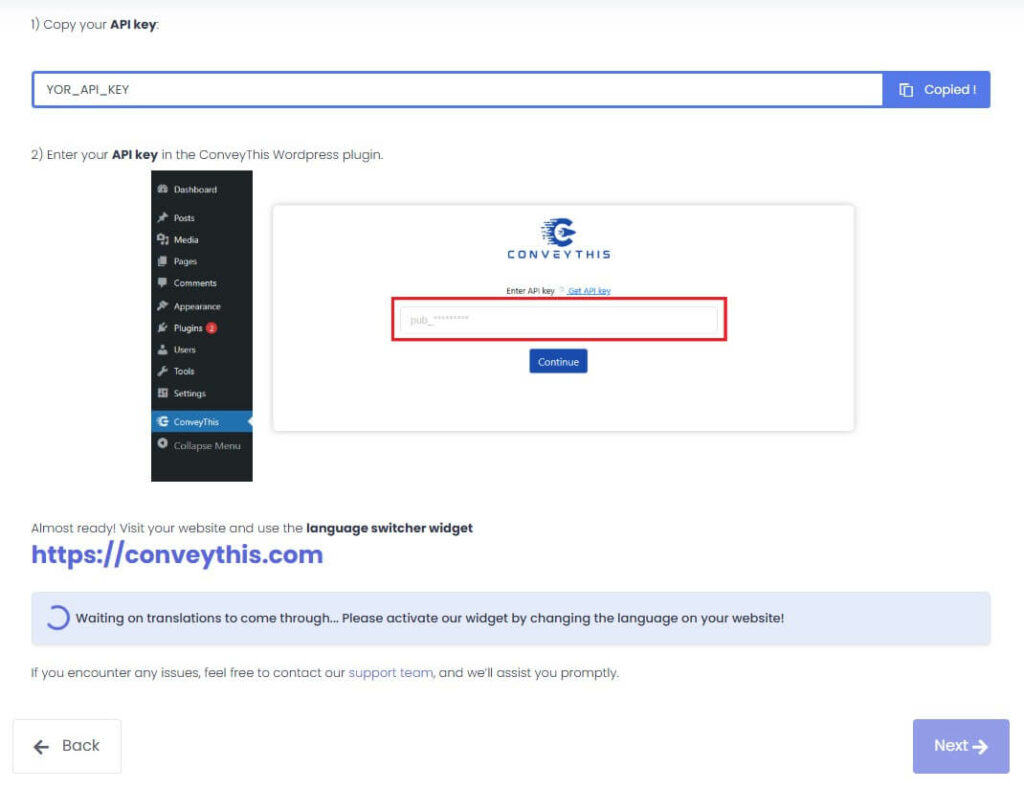 Wordpress Conveythis plugin settings: Add API key