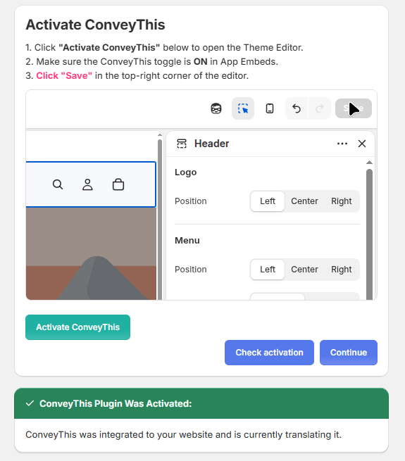 ConveyThis Shopify plugin activation check page