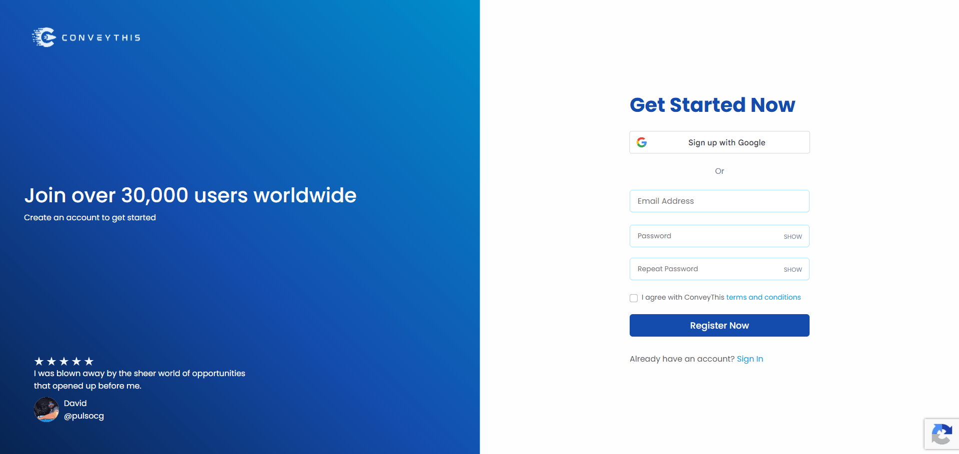 Registration page for ConveyThis