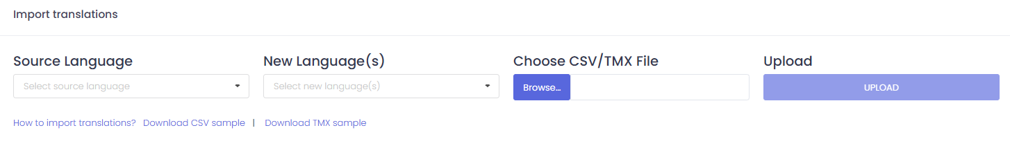 Import translations form with source language, target language, file picker, and upload button