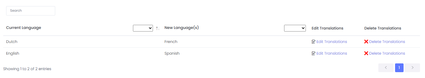 Imported translation packages listed by language pair