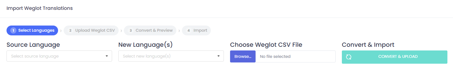 Import Weglot Translations form with language selectors, file picker, and convert and upload button