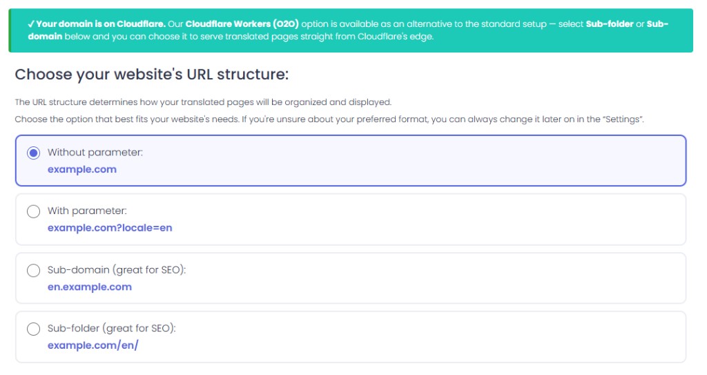 ConveyThis setup detecting Cloudflare and offering Cloudflare Workers (O2O) on the URL structure step