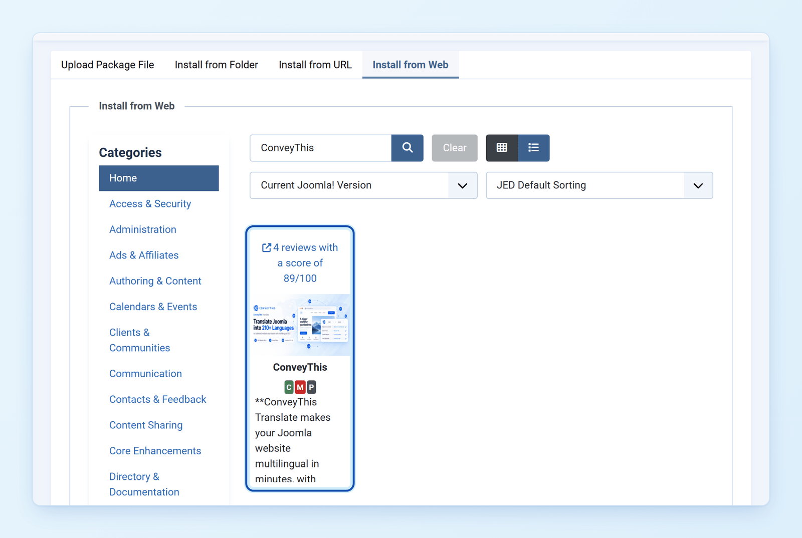 Joomla Install from Web tab with ConveyThis in the search results