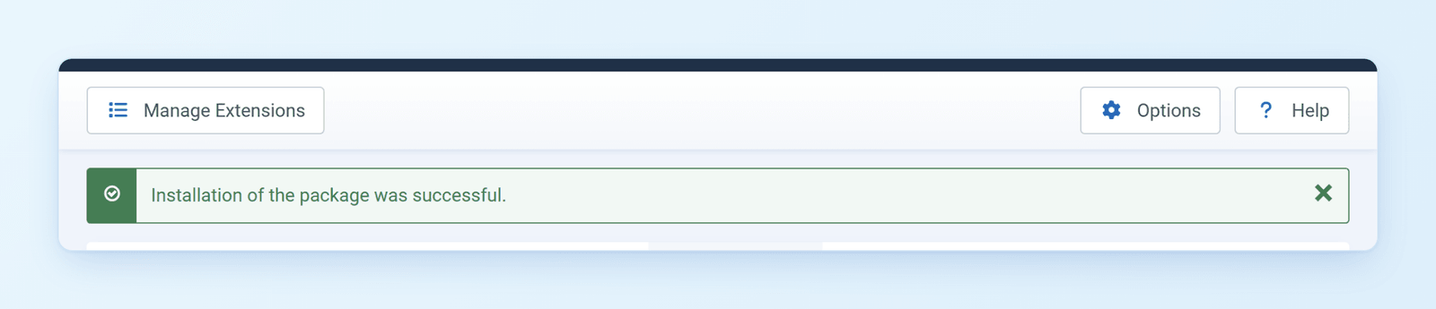 Joomla message: Installation of the package was successful