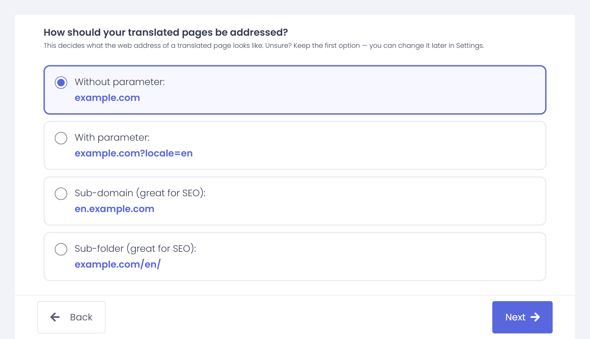 ConveyThis setup wizard step “How should your translated pages be addressed?” with four URL structure options: Without parameter, With parameter, Sub-domain and Sub-folder