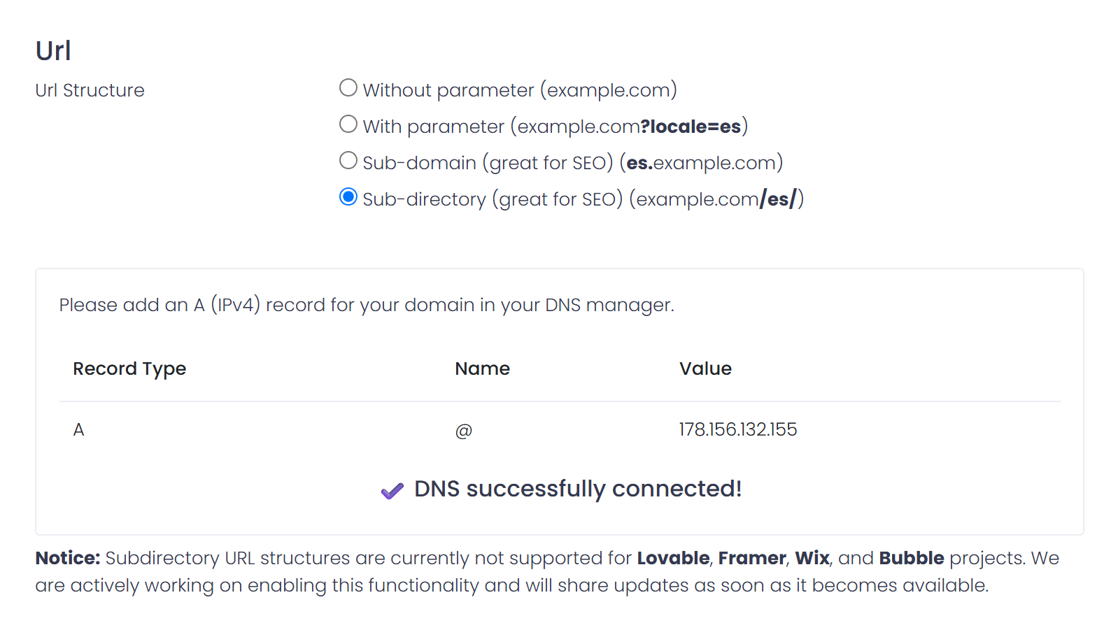 ConveyThis Settings page with ‘Sub-directory (great for SEO)’ selected, the A record table (Name @, Value 178.156.132.155) and the message ‘DNS successfully connected!’