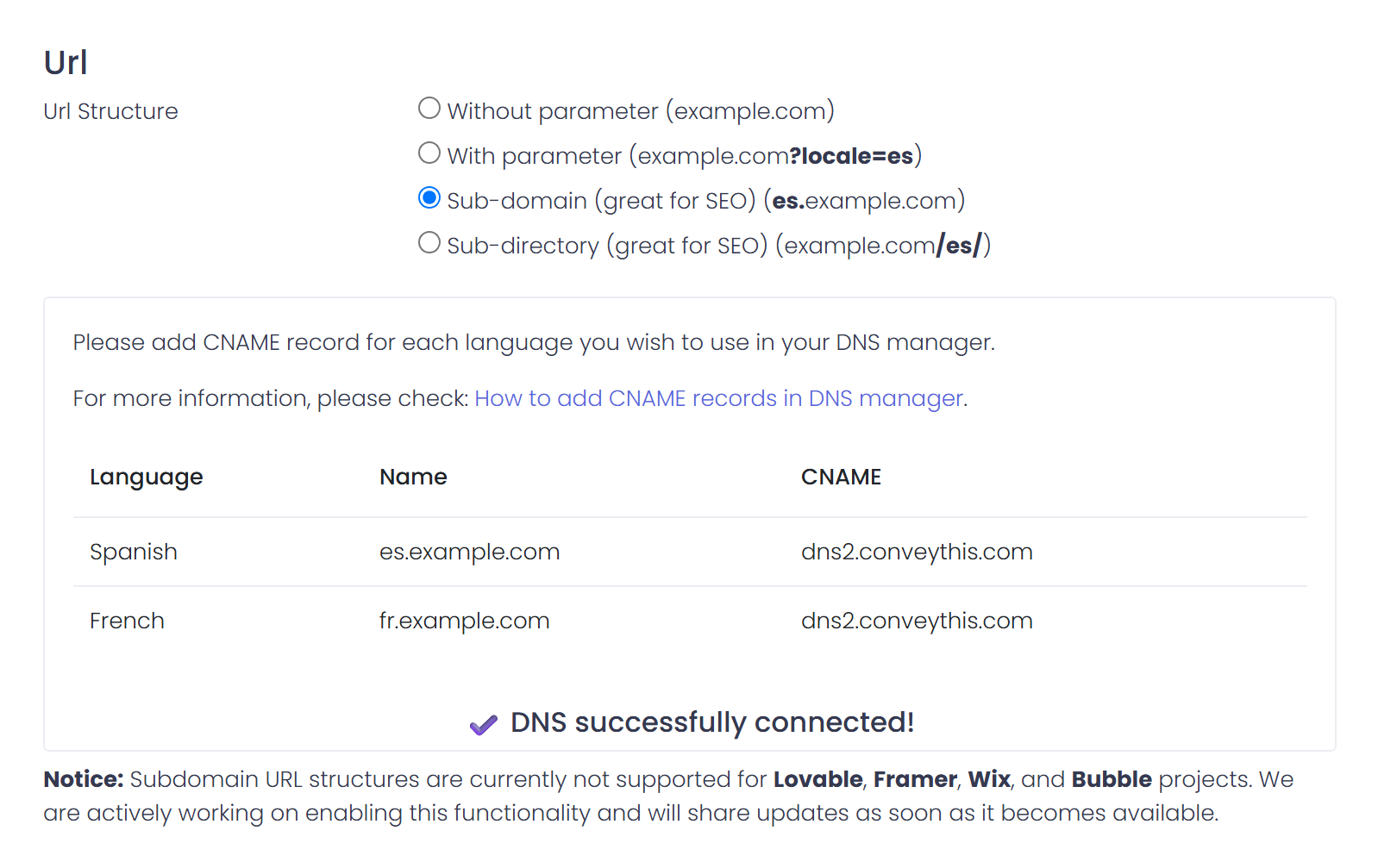 ConveyThis Settings page with ‘Sub-domain (great for SEO)’ selected, the CNAME table listing es.example.com and fr.example.com pointing to dns2.conveythis.com, and the message ‘DNS successfully connected!’