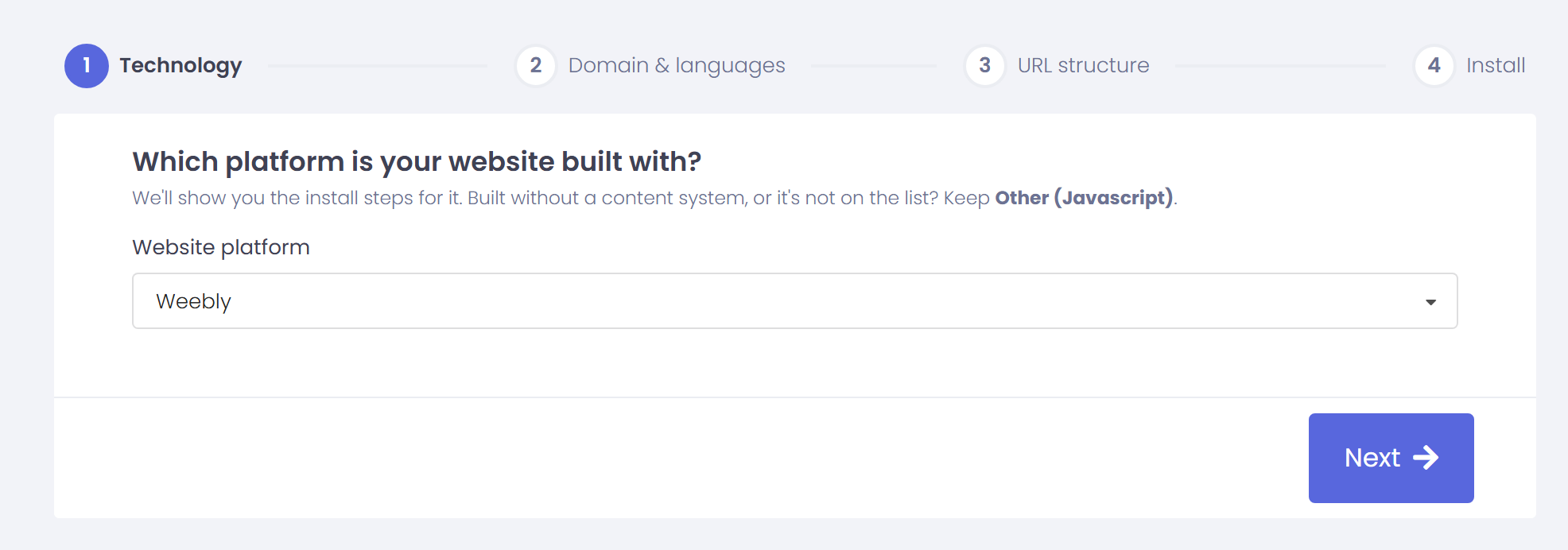 ConveyThis setup wizard, step 1 “Which platform is your website built with?” with Weebly selected