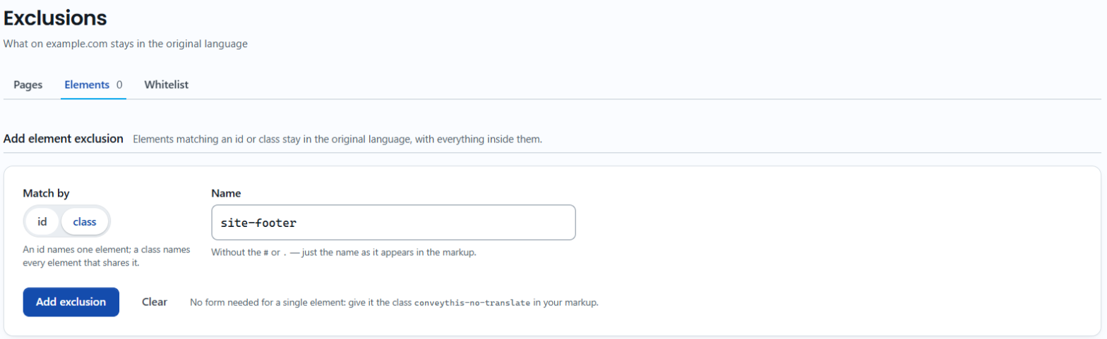 The Exclusions page for example.com on the Elements tab: Match by class, the name site-footer and the Add exclusion button